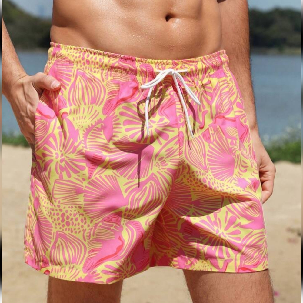 NWT Men's Manfinity Beach Shorts - Pink and Yellow - M - Matching Set!
